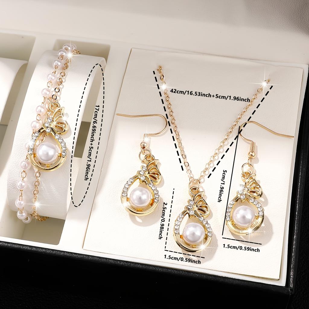 4Fashionable faux pearl pendant necklace and faux pearl earrings elegant bracelet gift set suitable for women's birthdays, Christmas, and New Year