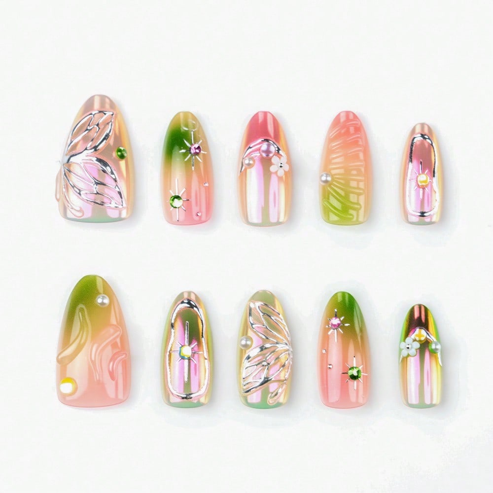 30 Stück Premium Lila Aurora Vergoldet 3D Dreidimensional Schmetterling Blume Mandel Trage Nagel Handgemacht Diamant Nagelkunst