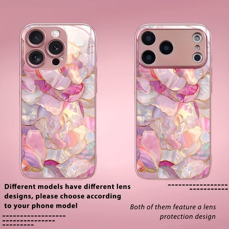 Creative Pink Crystal Floral Charm Metallic Glass Phone Case For iPhone 17 16 15 14 13 12 11 Pro Max 15 14 Plus 17 Air 16E Cover