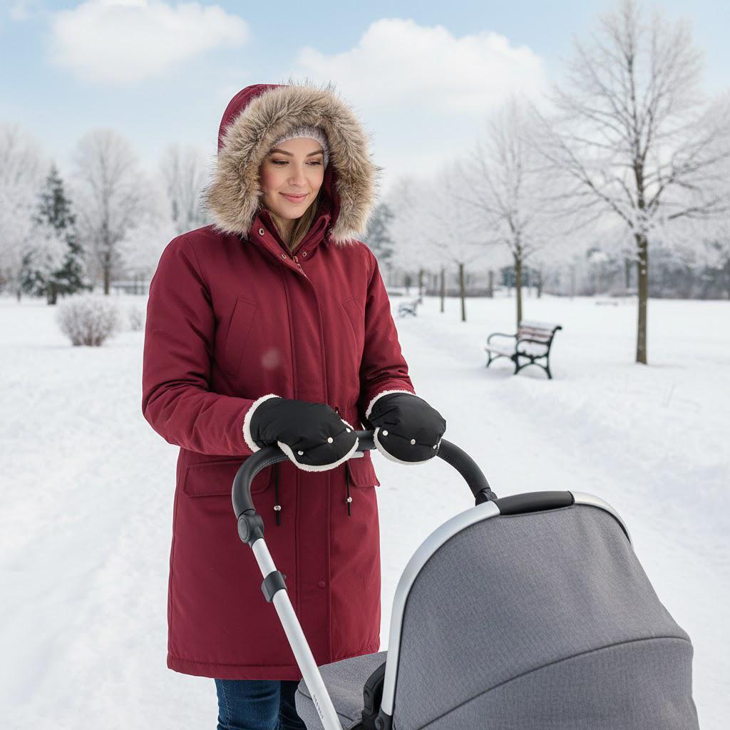 Black Fur Muff Gloves for Stroller, Sled, Insulated for Winter