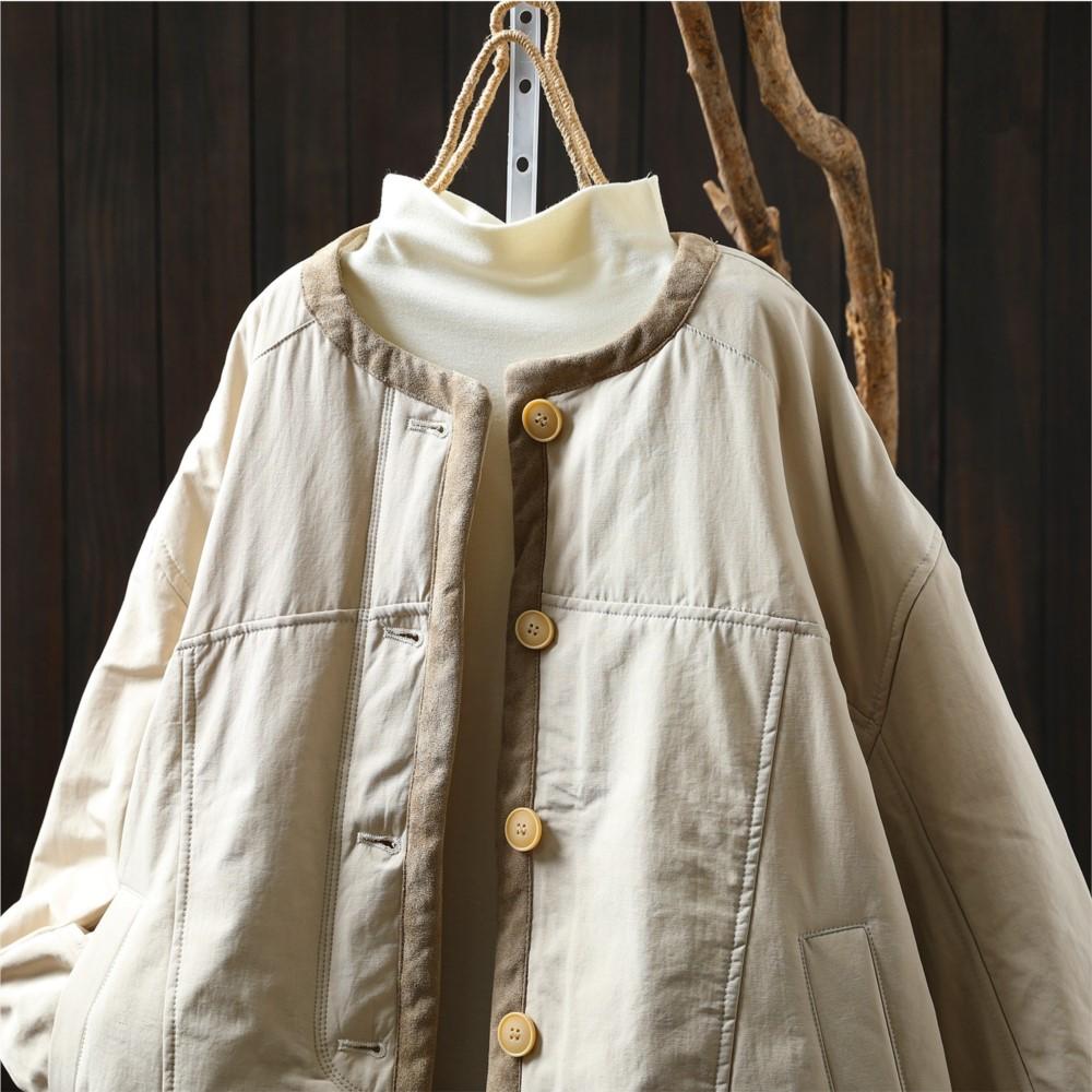 Johnature Women Vintage O-Neck Long Sleeve Solid Color Coats Autumn Button Pockets Casual Coats