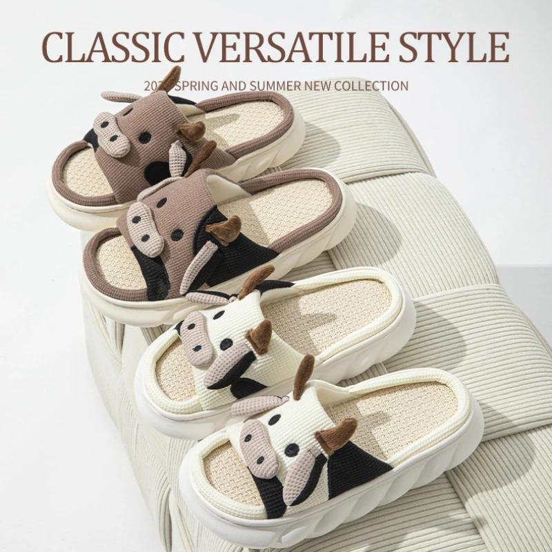 Fashion Cotton Linen Slippers Breathable Cute Cartoon Cow Design for Women Men Indoor Home Floor Shoes Spring Autumn Couples Slides