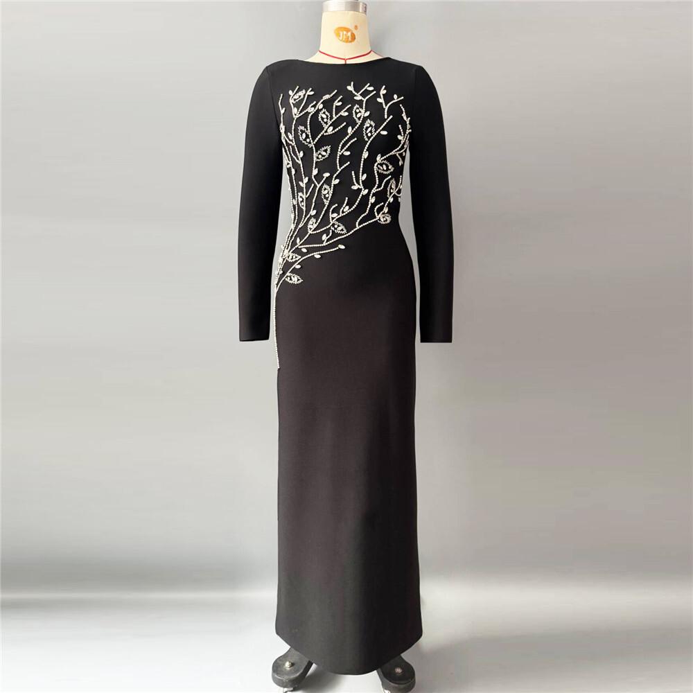 European Hand-Beaded Diamond Bodycon Long-Sleeve Banquet Bandage Dress