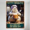 Vintage Teal Border Metal Tin Sign - Chubby Chef Cat Baking Donuts, 'KITTY BIIQUTS YOU NEED EM WE KNEAD EM' for Cat Lovers Bakin