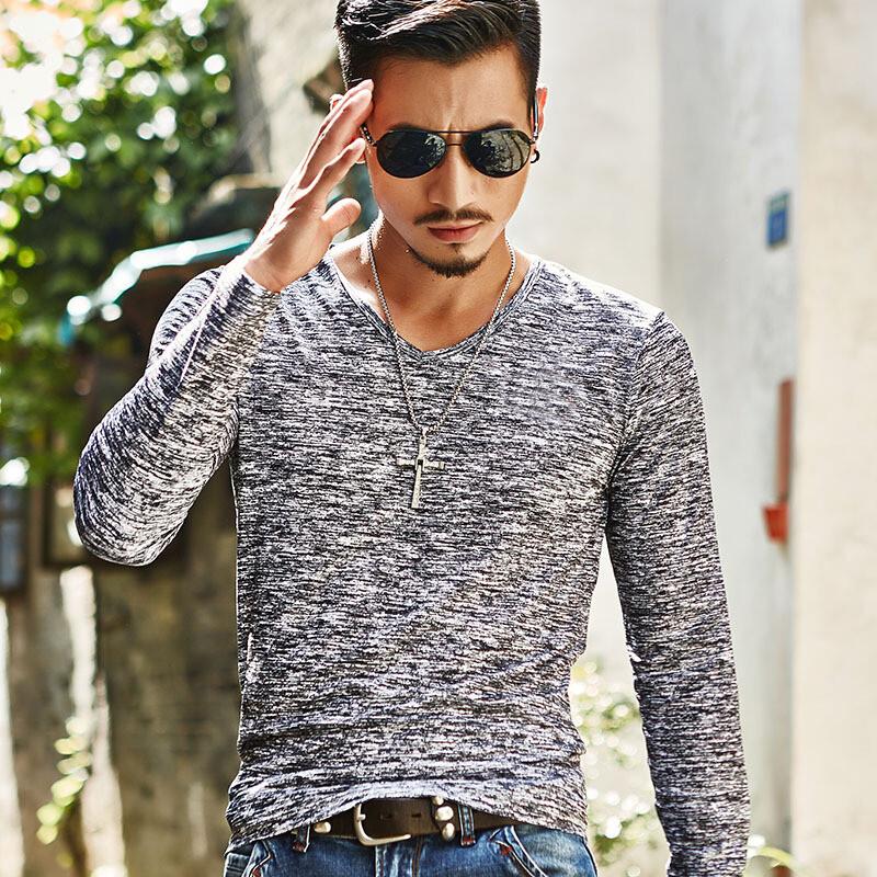 Pánské ležérní topy Slim Fit s dlouhým rukávem Jednobarevné Výstřih do V Bavlněná trička Halenka121