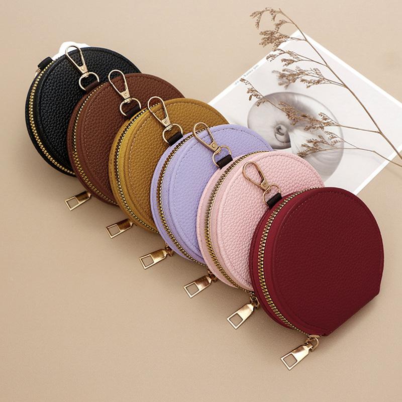 1PC PU Leather Mini Coin Purse Fashion with Chain Multifunctional Zipper Key Holder Bag Round Wallet