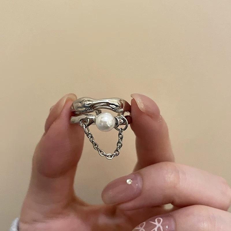 Double-Layer Pearl Chain Tassel Fashion Metal Ring for Women Exaggerated Gold Silver Color Geometric Finger Ring  Gifts