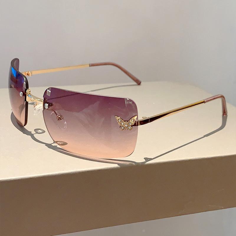 

Luxury Brand Designer Rimless Square Sunglasses Women For Female Trendy Sun Glasses Diamond Butterfly Pink Punk Shades Uv400