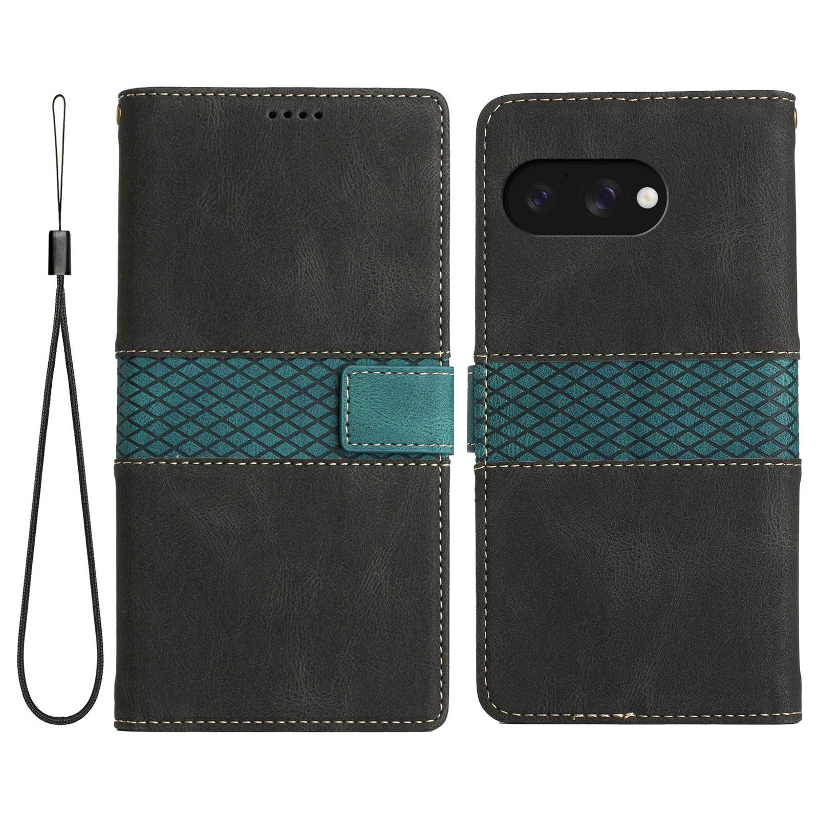 

For Google Pixel 9a Leather Case Grid Splicing Stand Wallet Phone Cover Black