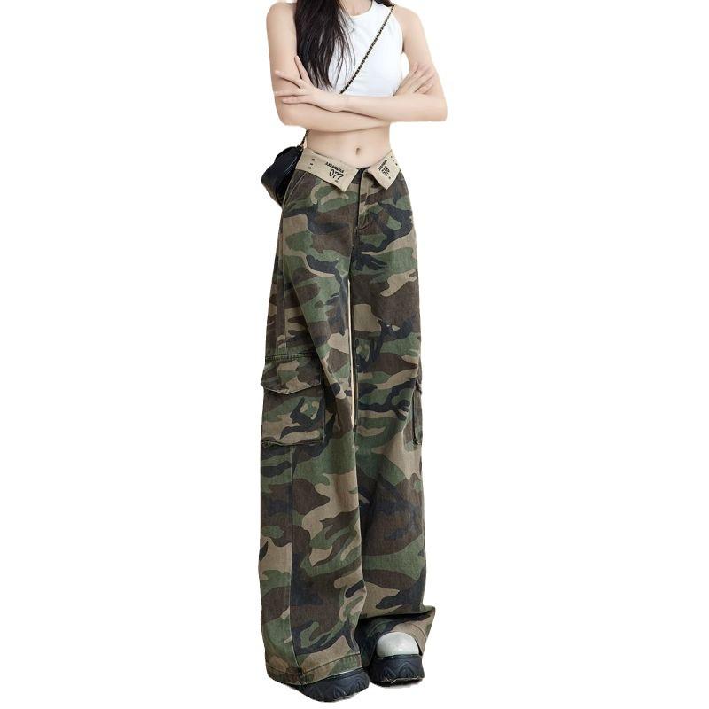 Women's Retro High-Waist Camo Wide-Leg Jeans - Autumn 2024 Loose Cargo Trend