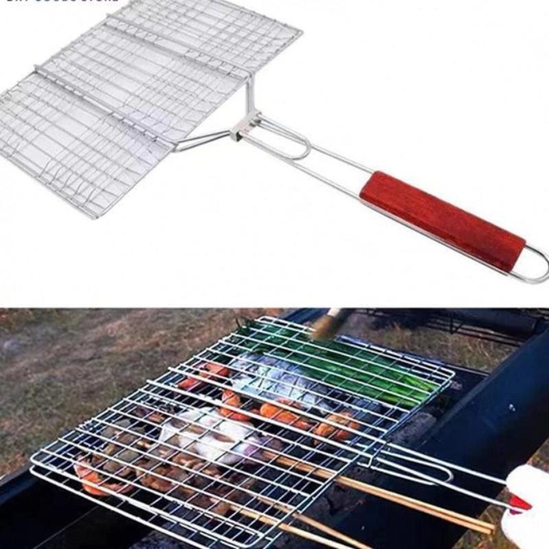 Rete per Griglia Barbecue Pieghevole Per Hamburger Barbecue Solida Placcatura Ferrolettrica Manico in Legno Resistente al Calore Per Barbecue all'Aperto