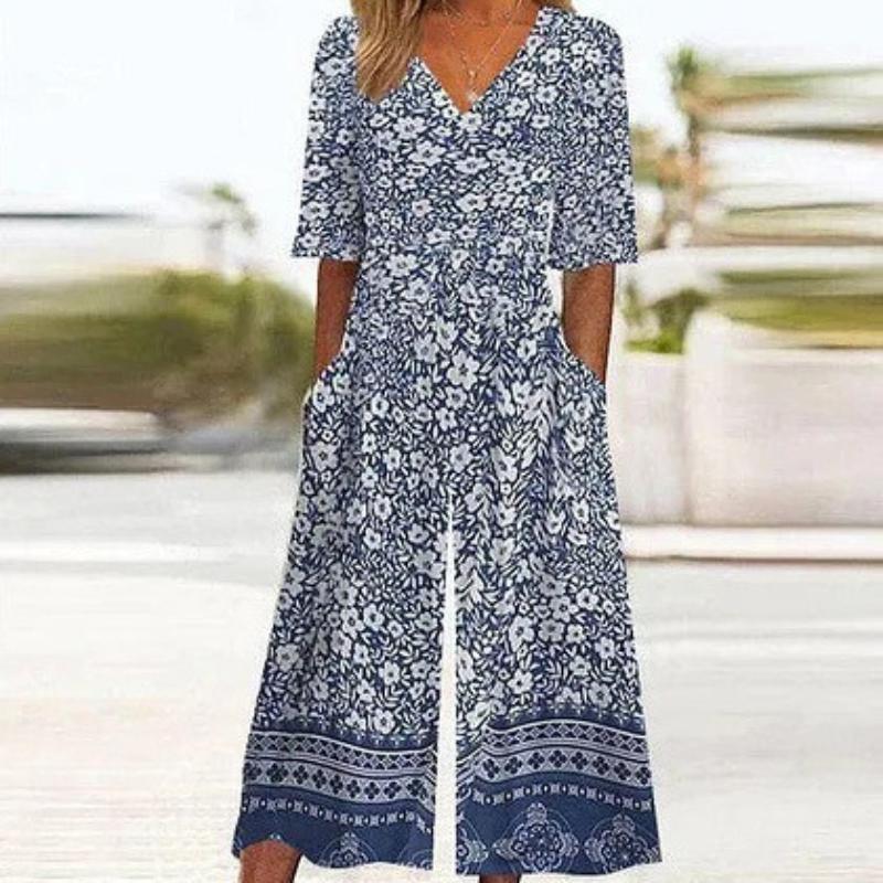 

Женский ромпер с цветочным принтом и V-образным вырезом, комбинезон свободного кроя со средним рукавом, повседневный летний наряд XS