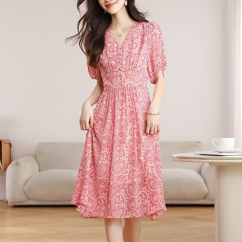 La Chapelle Pink Floral A-Line Chiffon Dress
