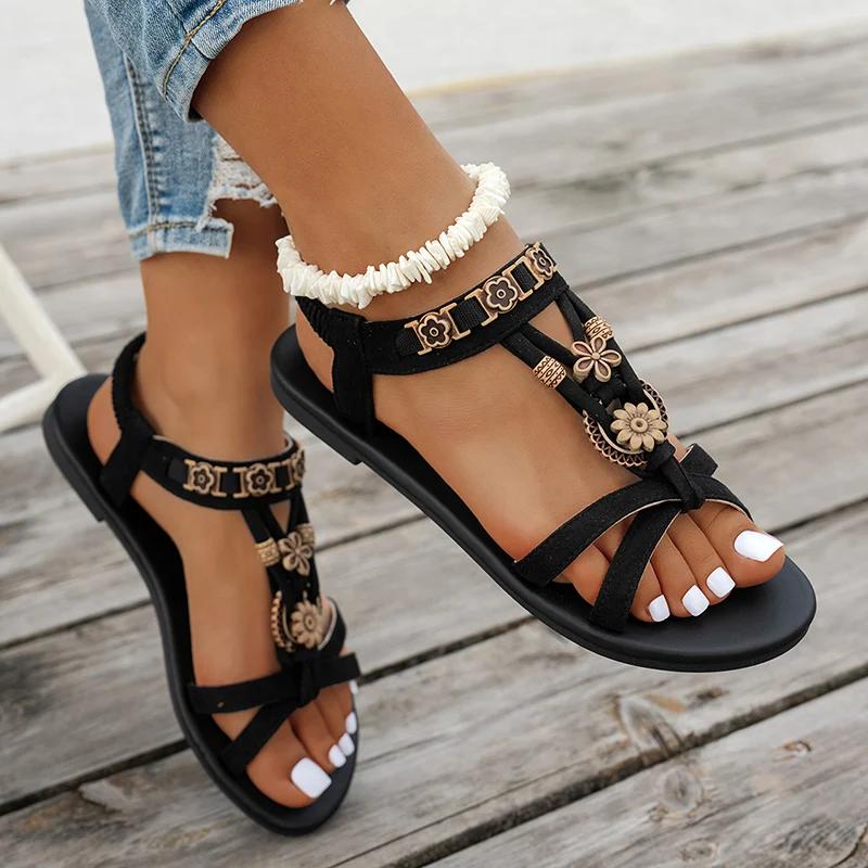 Flower Beaded Bohemian Sandals for Women Summer 2025 Roman Style Comfortable Flat Sandals Woman Lightweight Non Slip Beach Shoes