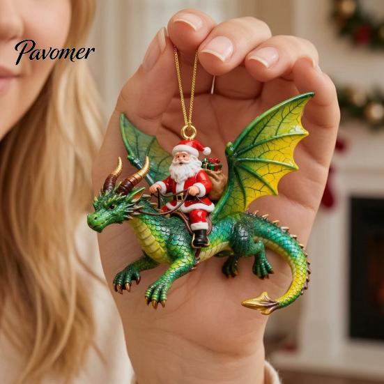 Prachtig kerstcadeau voor vrienden 2 stuks Kerstornamenten Santa Drakenrijder, 2D Acryl Vliegend Handgemaakt Feestelijke Hangende Ornamenten Claus Decoratie, Boom