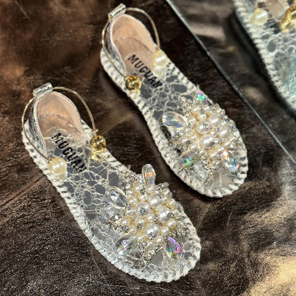 Fashion Women Sandals Luxury Pearl Crystal Flower Flat Sandal 2025Summer New Casual Open Toe Sandals for Women Designer Slippers