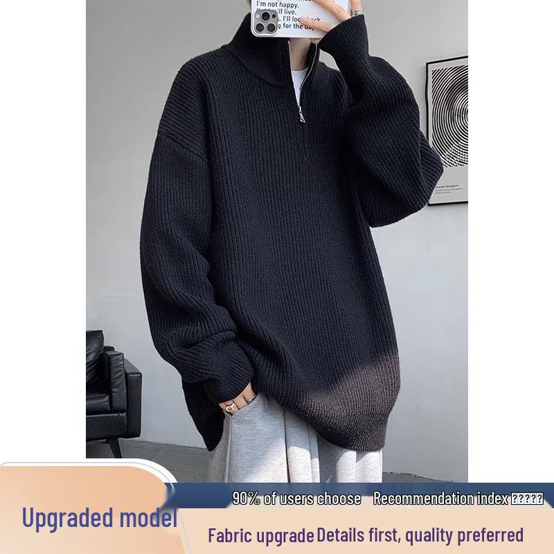 Men's Plus Size Casual Loose Knit Half-Zip High-Neck Pullover Sweater for Autumn and Winter