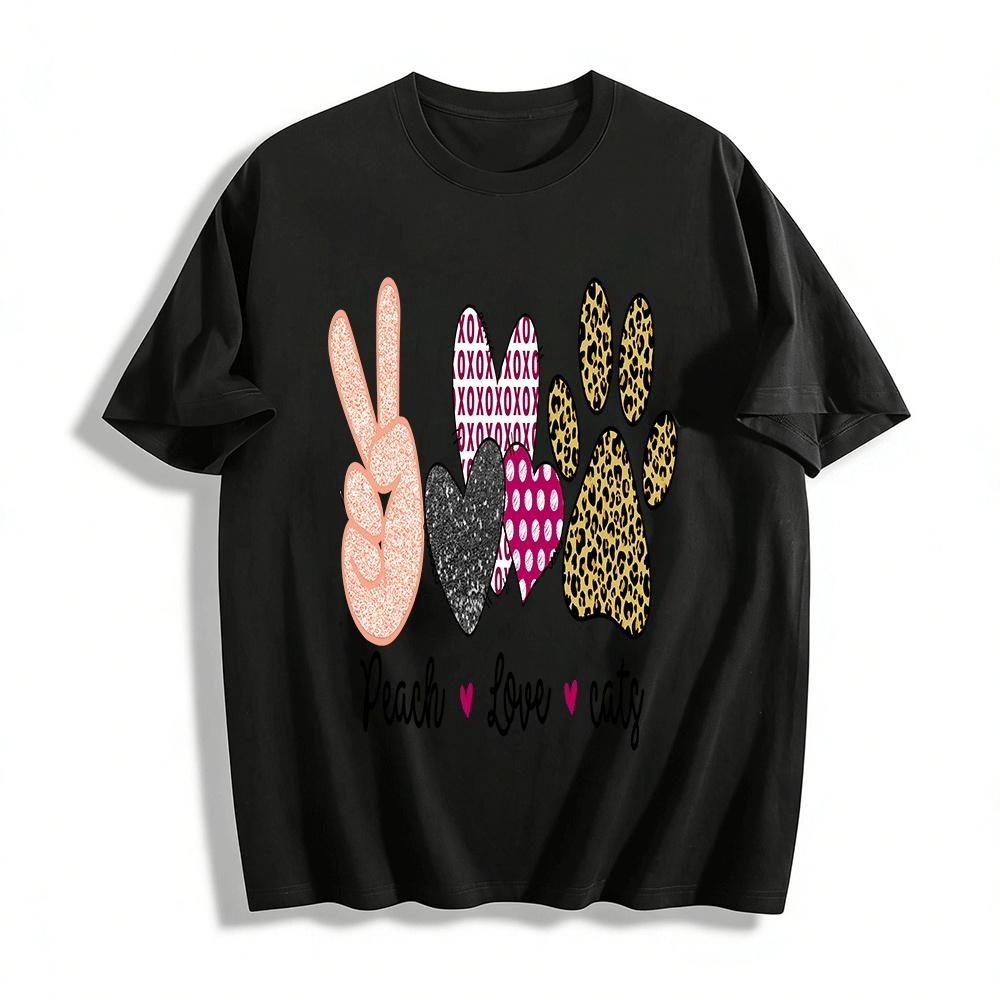 Peace Love Cats Leopard Print Heart Graphic Casual Tee Pure cotton T-shirt XXS