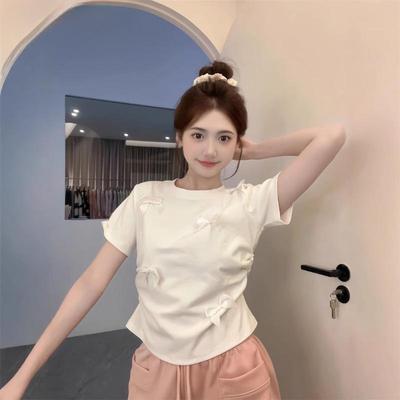 Women's Short-sleeved Shoulder T-shirt Stereoscopic Bow Korean Sweet Sister No Waist Top