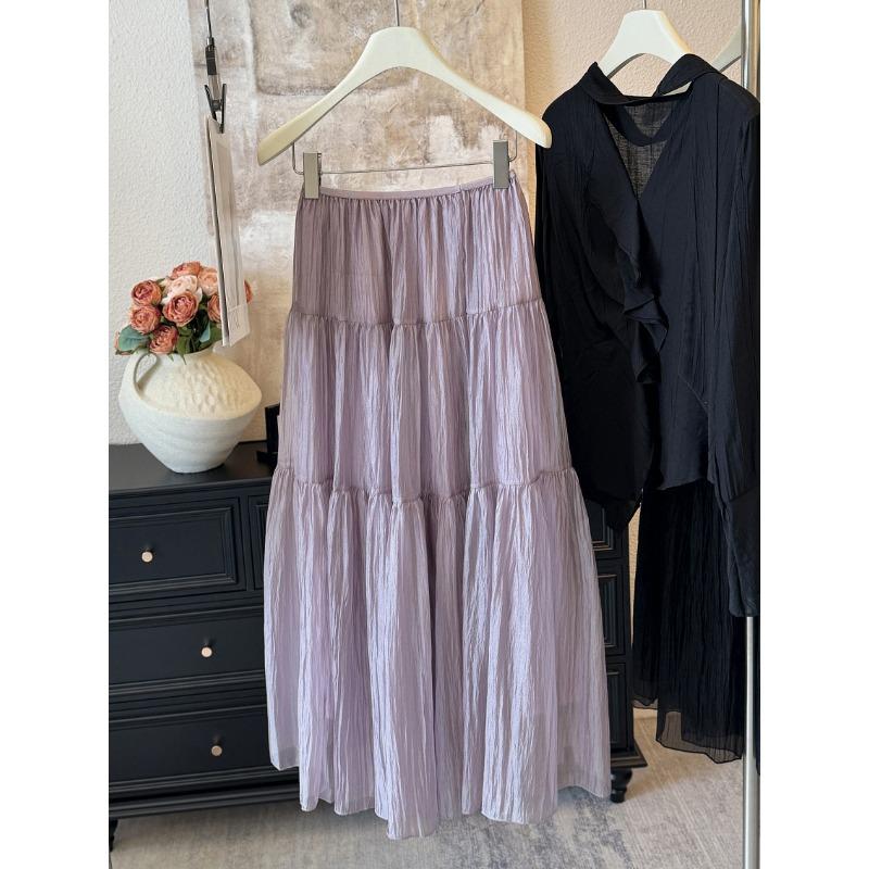 Super light pearlescent soft gauze skirt~ A-word splicing fluffy cake skirt French gentle temperament versatile medium and long skirt