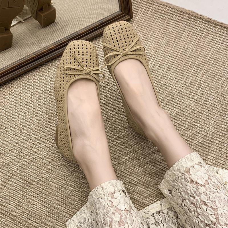 Fashion French Retro Woven Hollow out Toe Sandals Women Summer New Gentle Back Strap Thick Heel Single Shoes Rubber Sole Square Toe