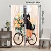 Whimsical Cat Riding Bicycle Abstract Art Curtains Design Semi Transparent Polyester Drapes Floral Accen Set Of 2 Made With Rod Pocket