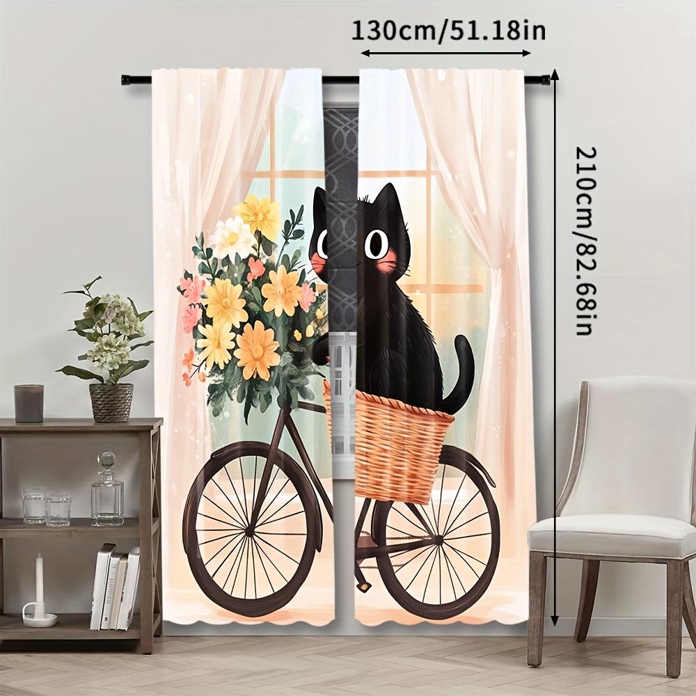 Whimsical Cat Riding Bicycle Abstract Art Curtains Design Semi Transparent Polyester Drapes Floral Accen Set Of 2 Made With Rod Pocket