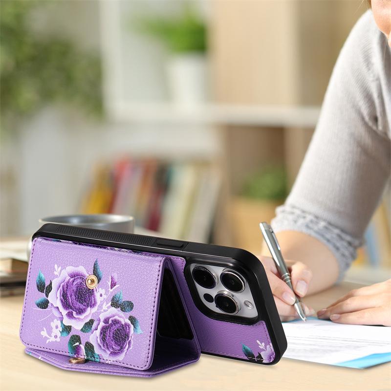 Flower Crossbody Card Holder Case with Lanyard for iPhone 13, 14, 16, 17 Pro