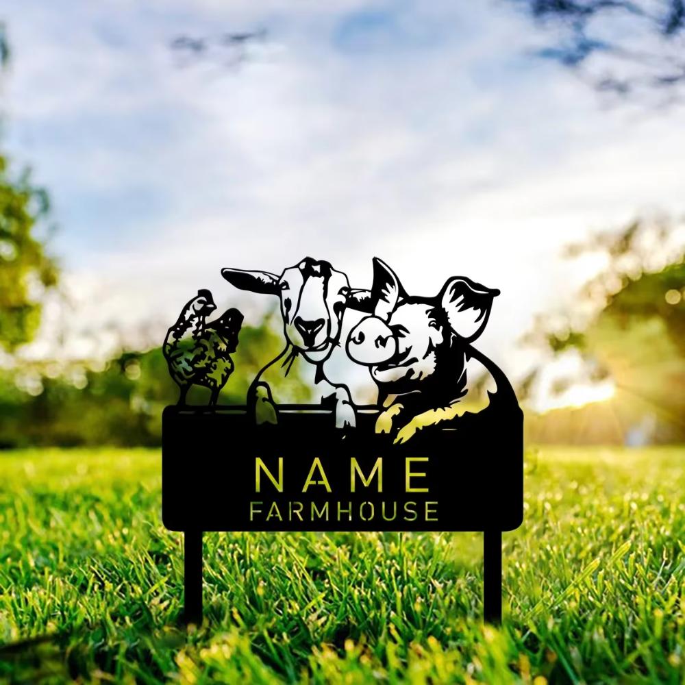 Custom Metal Farm Sign with Chicken Pig Goat for Yard Garden Porch Decor with Stake