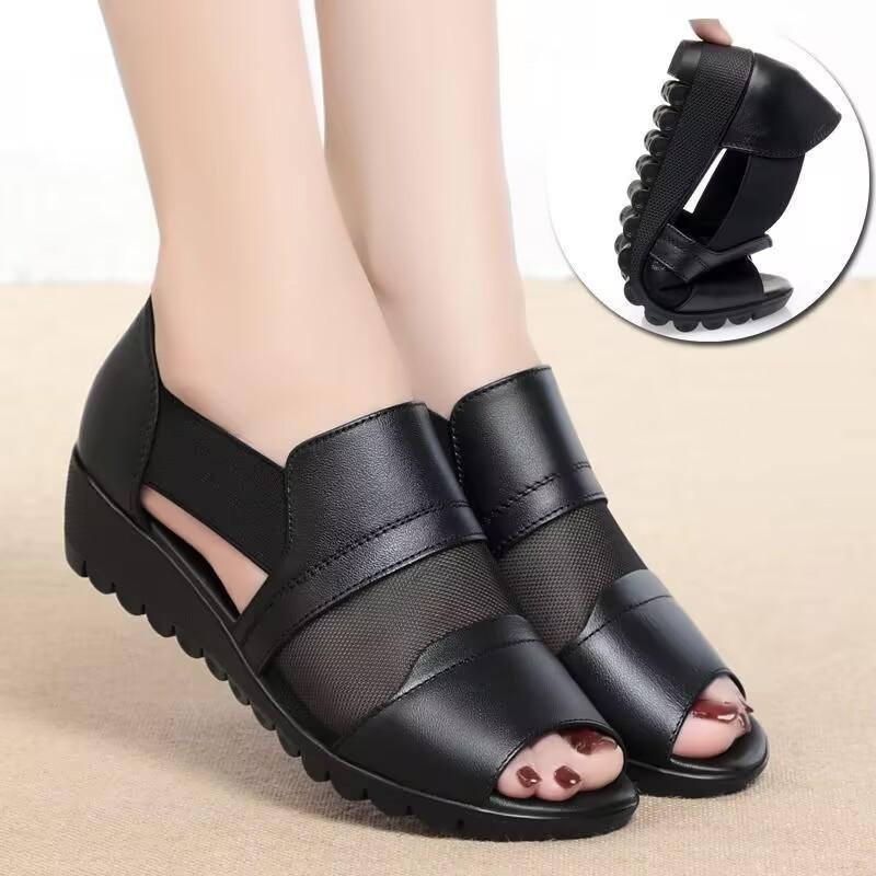 2025 summer new mother sandals women wear soft leather soft bottom slope heel thick bottom fish mouth in the elderly women's sandals