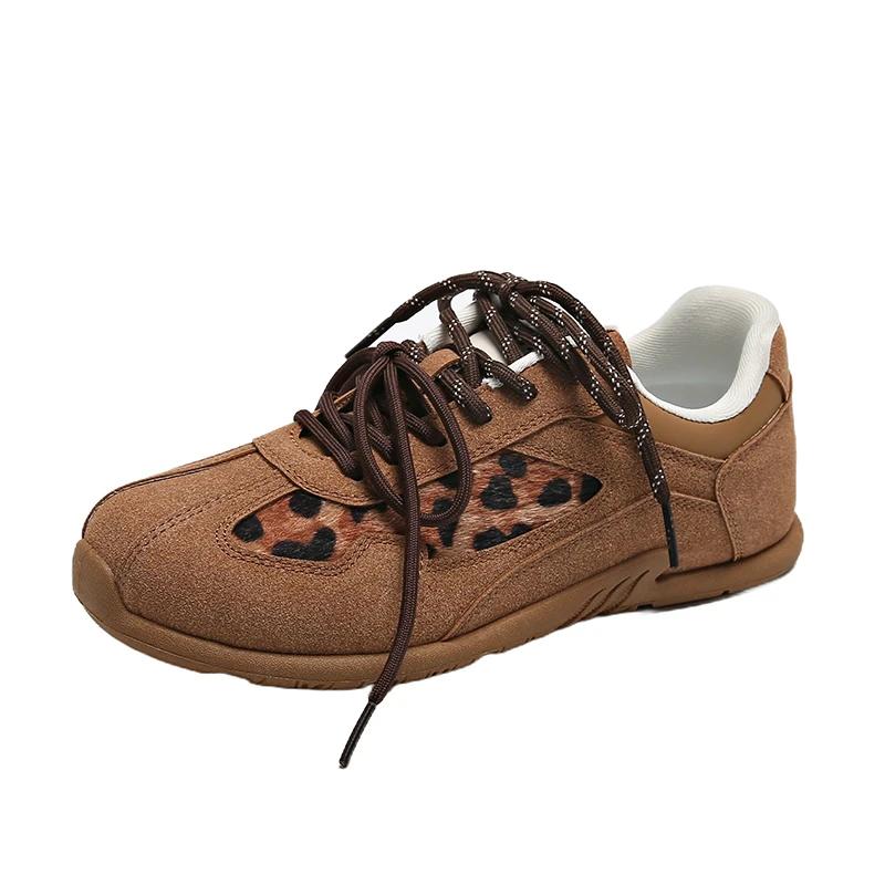 Women Round Toe Leopard Print Flat Lace-up German Training Lace Up Casual Sport Shoes Outdoor Running Vulcanized Shoe