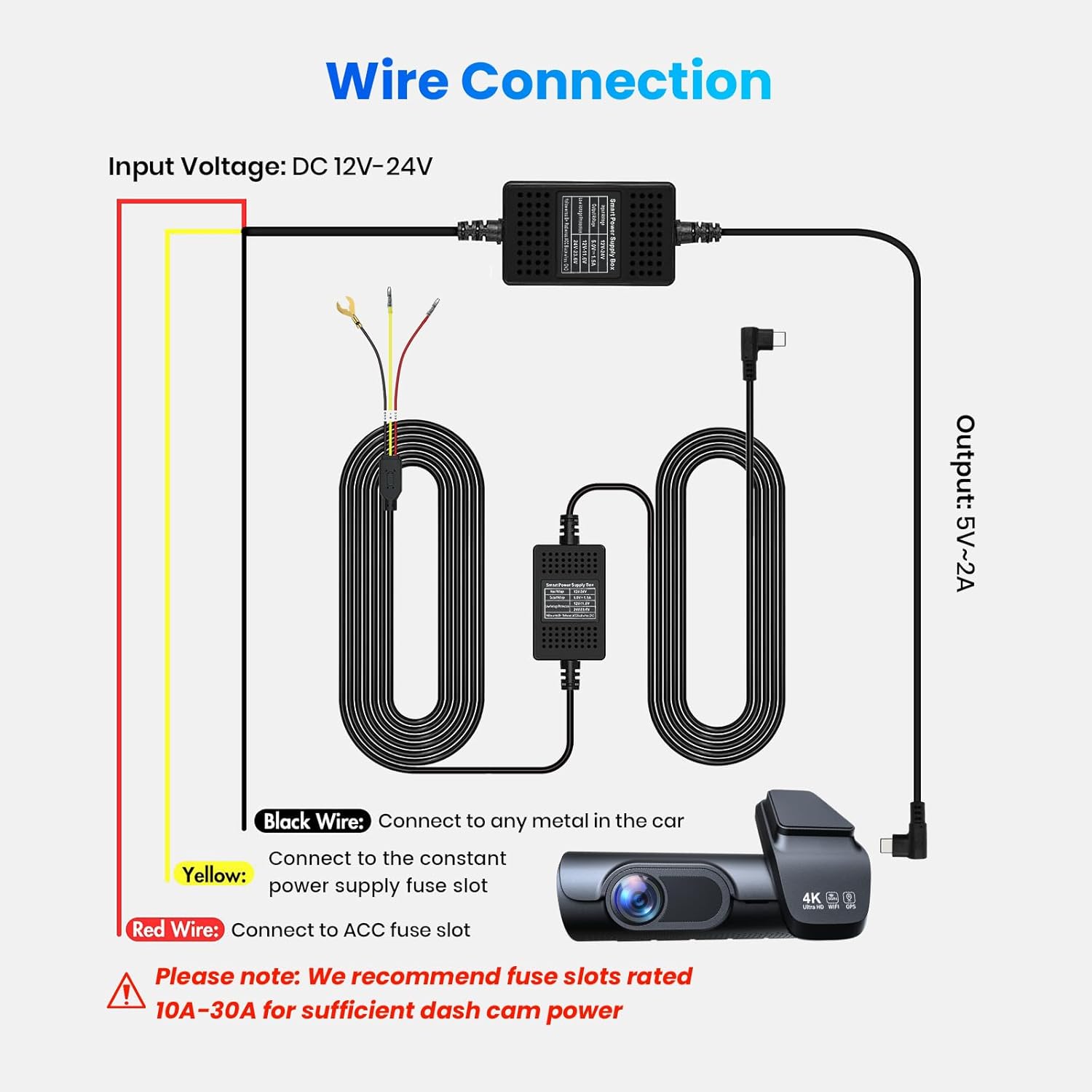 Hardwire Kit for K600 Dash Cam Front and Rear 4k+1080P,12ft Type C,Input12V/24V,Output 5V/2.5A.Dash Cam Hardwire Kit with Add A Circuit