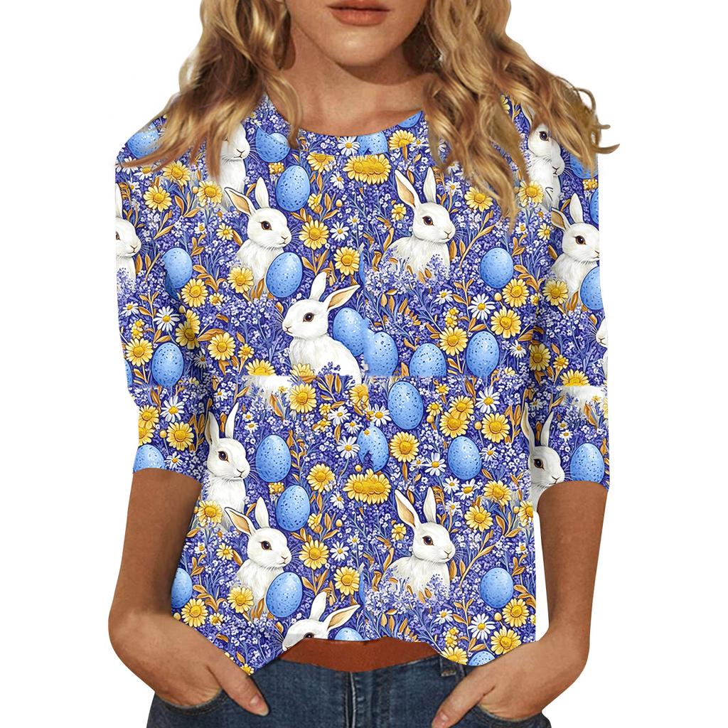 Women's Tops Three-quarter Sleeve Shirt Round-neck Loose Casual Shirt Print T-shirt