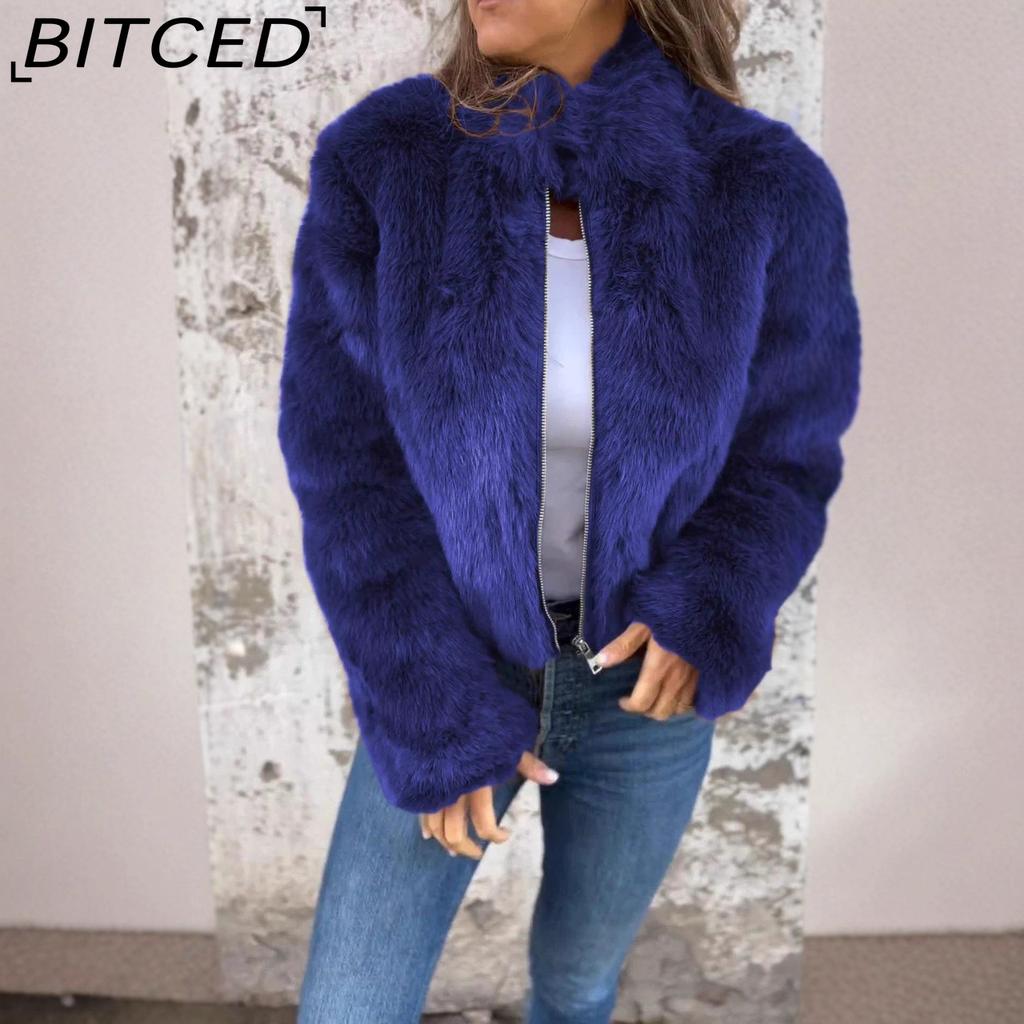 BITCED Women's Fall/Winter Imitation Fur High-Neck Zipper Casual Top Jacket