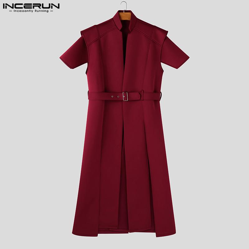 Incerun Mockneck Men Belt Sleeveless Waist Splits Long Tank Tops Casual Tunic Tshirts