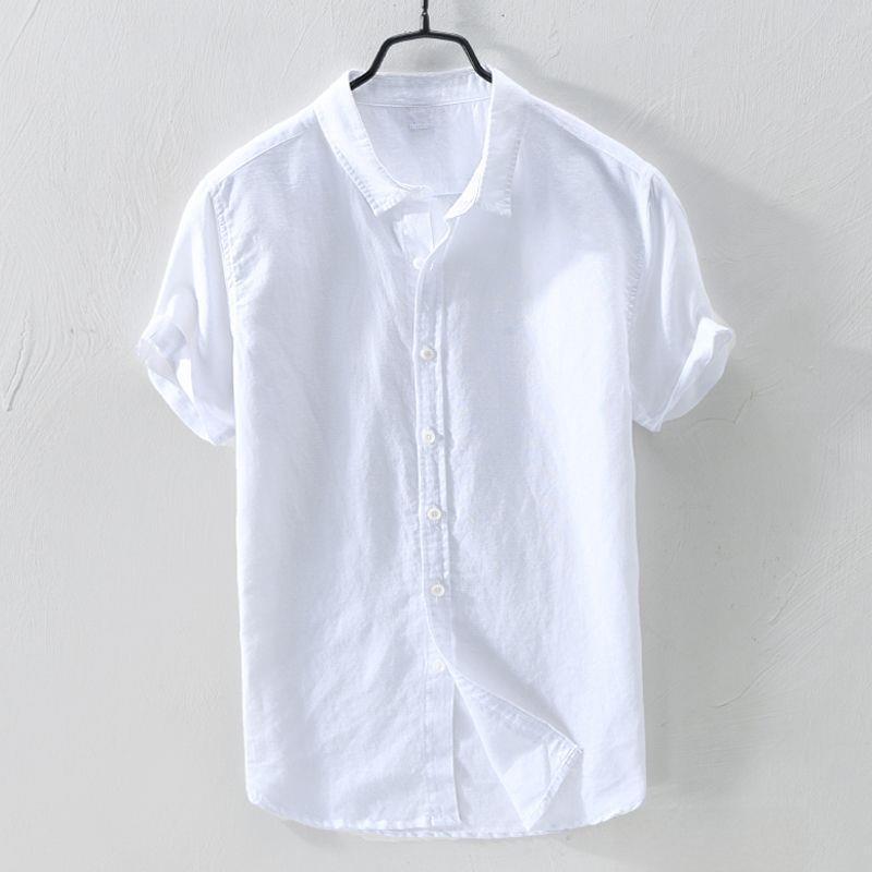 Men's Dark Blue Casual Linen-Cotton Stand Collar Short Sleeve Shirt - Retro Japanese Style