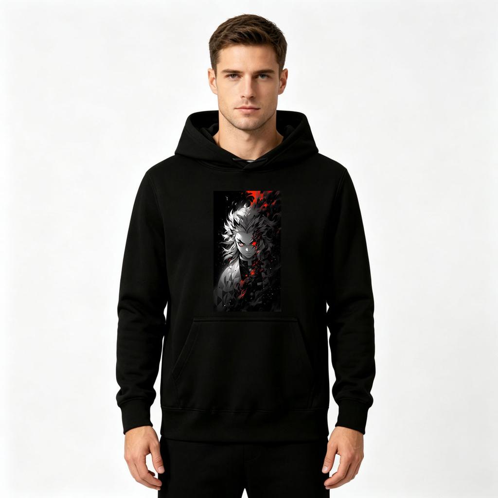 Men Anime Demon Slayer Rengoku Print Pullover Hoodie Casual Long Sleeve Streetwear Sweatshirt