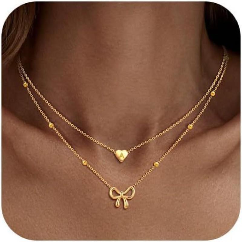 Layered Pendant Necklace With Alphabet Heart Charm Bow Bead Detail Gold Plated Copper Women A золотой