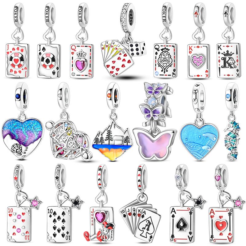 Copper Poker Card Pendant Beads Black Spade 10-A Royal Flush Red Heart 10-A Charm For Bracelet Woman Jewelry