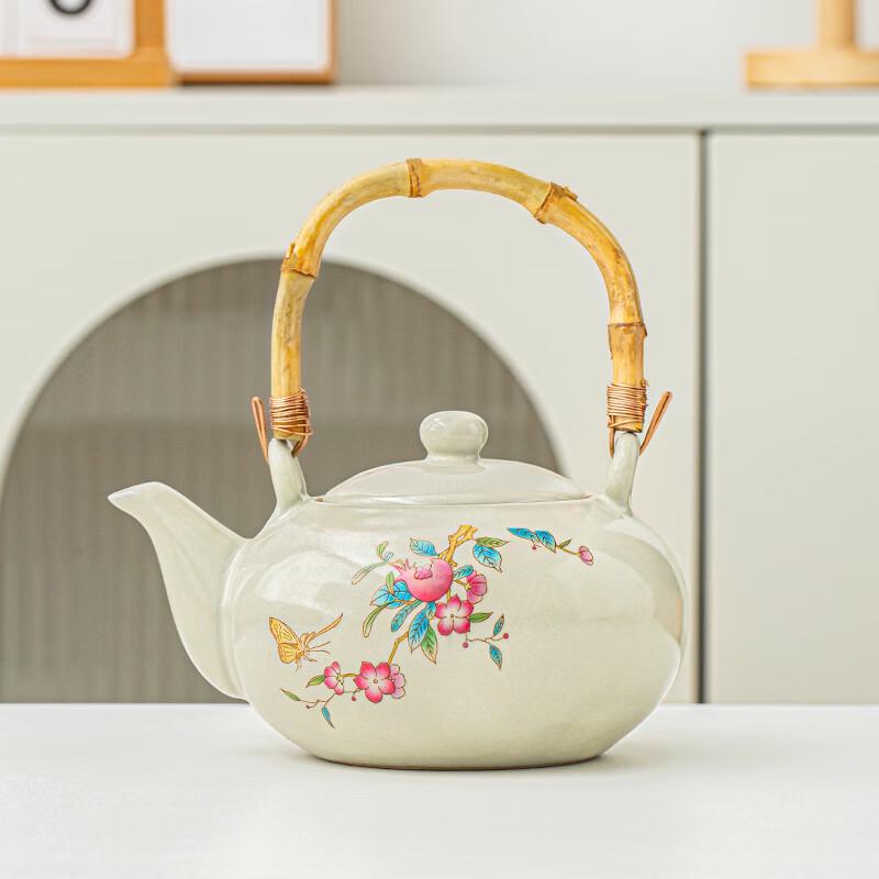 Lainuo Ru Kiln Teapot with Bamboo Handle (Pomegranate Flower)