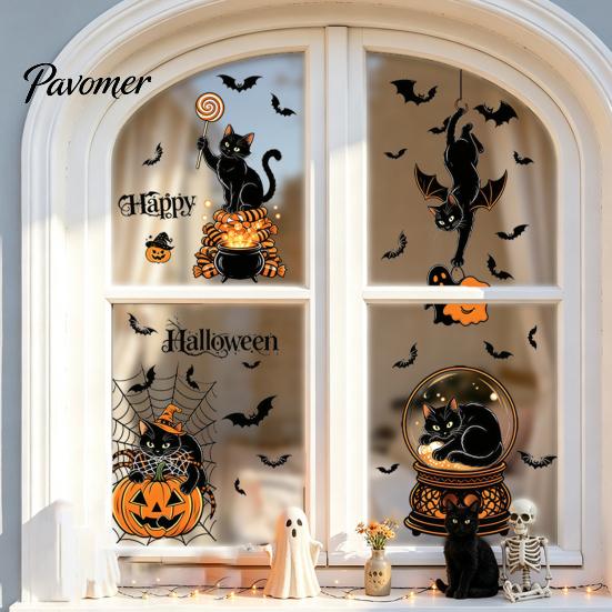 Halloween Window Clings 4Pcs Cartoon Clings, Pumpkin Ghost Scarecrow Stickers, Waterproof Murals Removable Decals for Home Storefront Doors