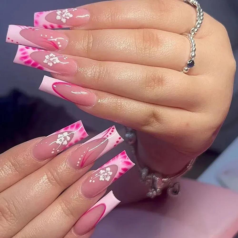24Pcs White French Tip False Nails Long Ballerina Coffin Shape With Butterfly And Pearl Decor Full Cover Press On Nail Tips