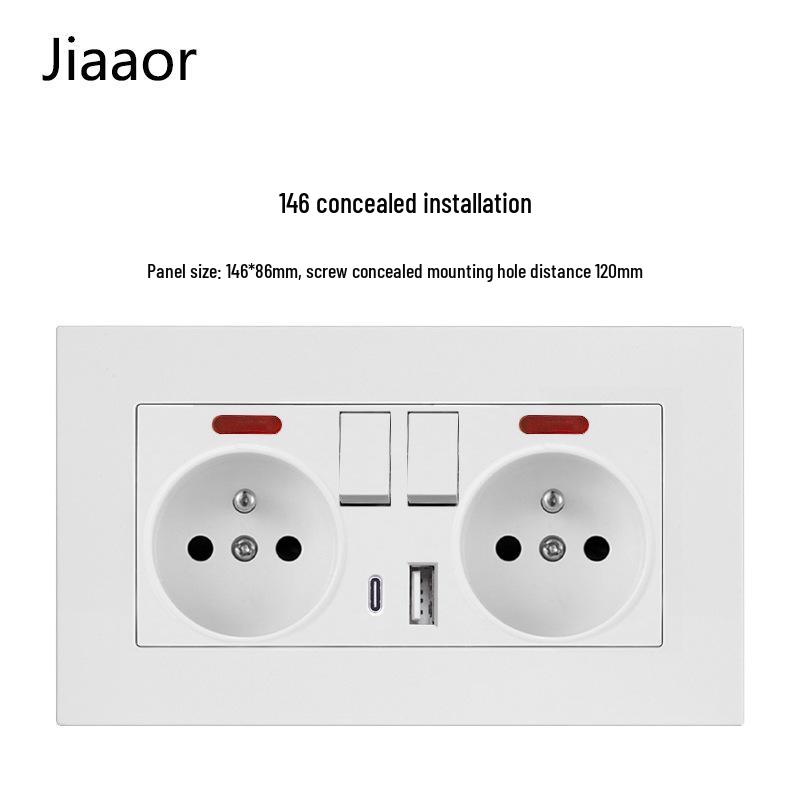 

16A Французька подвійна панель вимикача та розетки з USB та Type C, європейський вбудований тип 86, біла