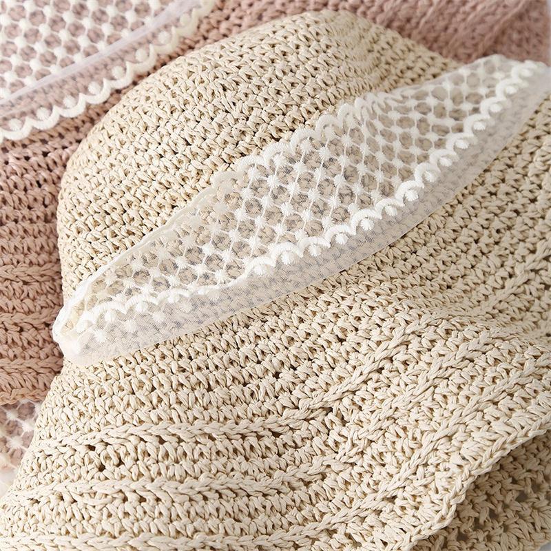 Straw hat women's summer lace-up hollow straw hat sunscreen beach sun hat lace sun hat