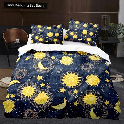 Bettbezug mit Sonne und Mond, King-Size-Bett, magischer Boho-Stil, Bettwäsche-Set für Teenager und Erwachsene, Golden Exotic Tribe, 2/3-teilig, Polyester-Bettbezug