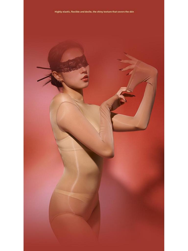 Seamless Shiny Silky High-Cut Bodysuit & Sexy Stockings Set - Large Size