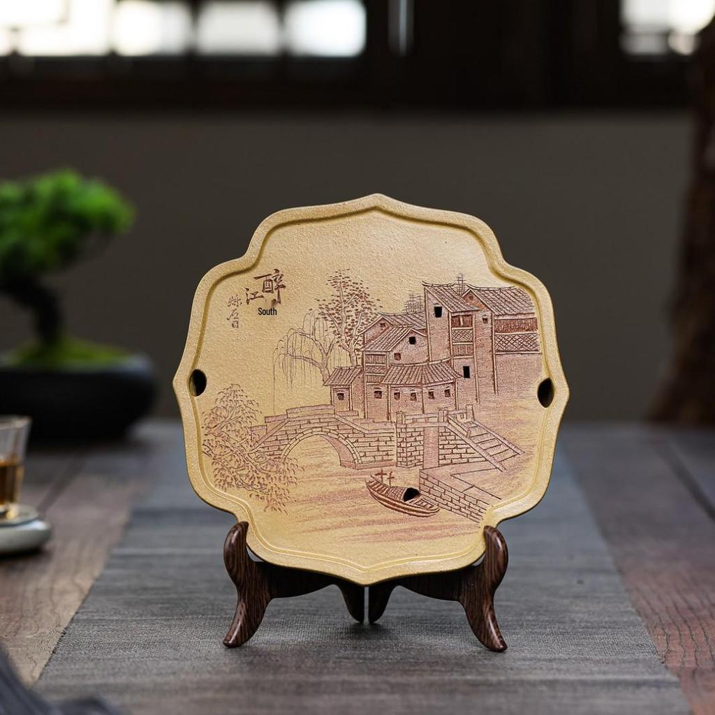 Yixing Zisha Original Ore Duan Ni Tea Tray with Exquisite Water Chestnut Flower Carvings.