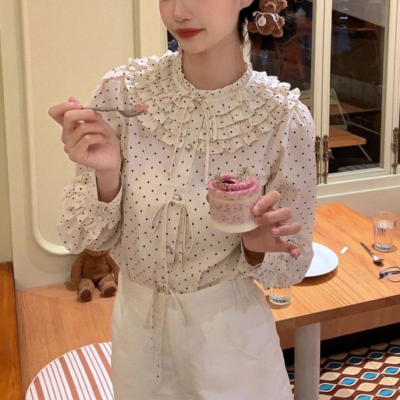 Sweet Drawstring Polka Dot Blouse Women's Clothing Bow Stylish Ruffles Spliced Basic Spring Autumn Japan Style Long Sleeve Shirt