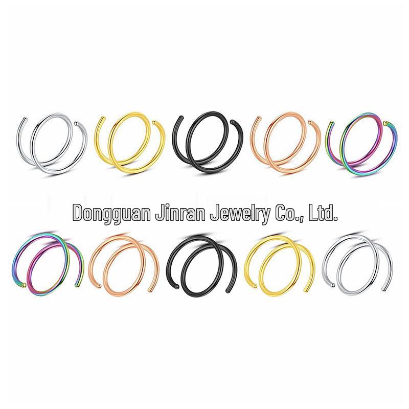 Double-Layer Stainless Steel Perforated Nose Ring - Spiral Spring Stud & Dual Hoop Piercing Jewelry