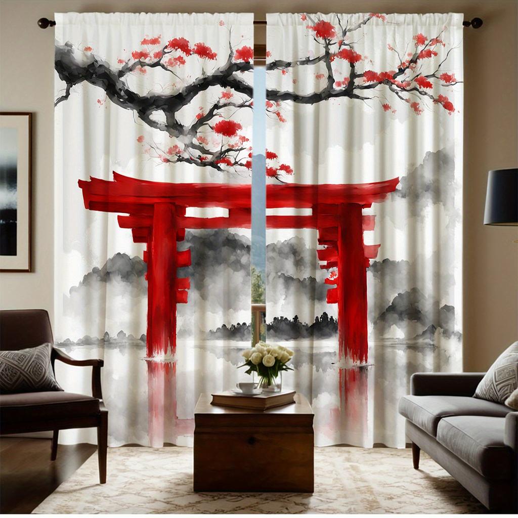 Red Torii Gate Cherry Blossom Black White Gray Curtains Polyester Fabric Suitable Bedroom Living Room Curtain Made Of Washable Area Ready